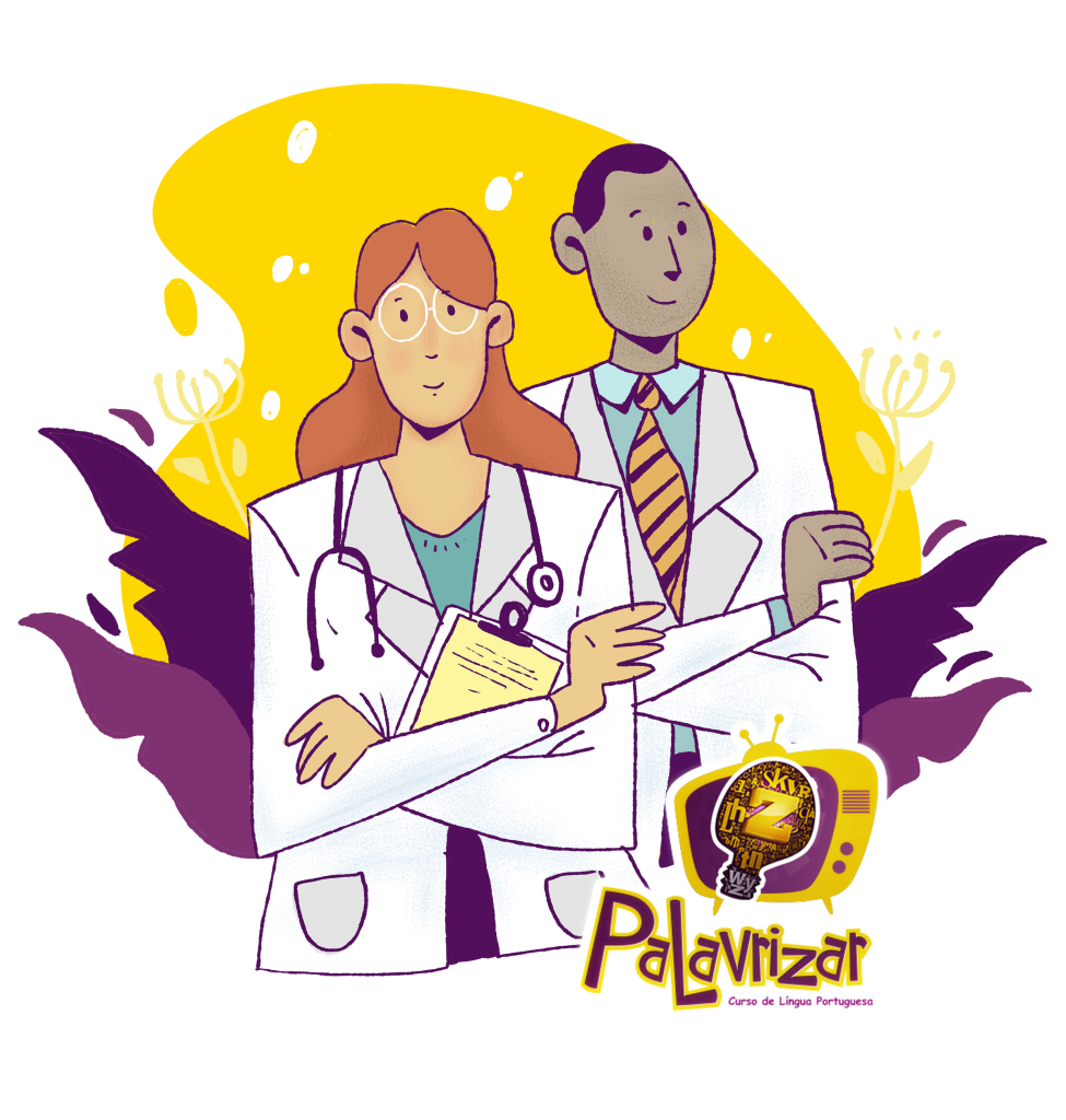 ilustração de dois jovens médicos e logo do palavrizar online